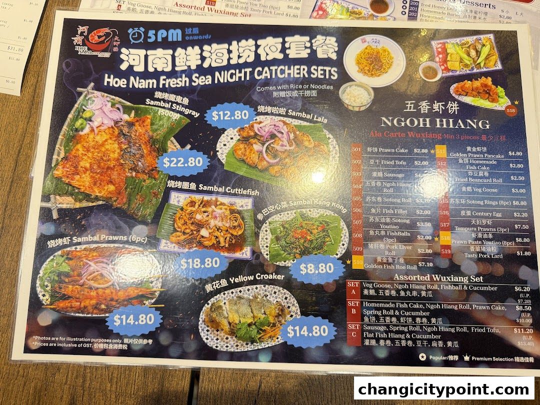 A menu for Hoe Nam Fresh Sea Night Catcher Sets and Assorted Wuxiang Sets.