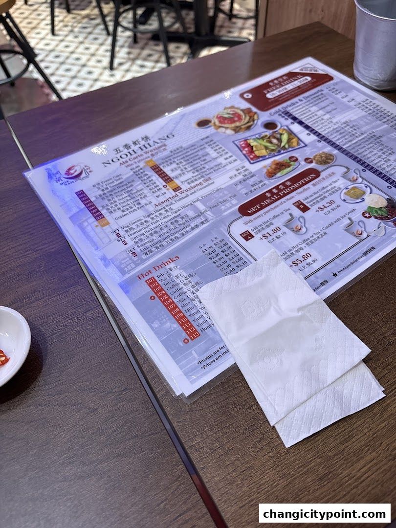 A menu from Ngoh Hiang restaurant with various food and drink options.