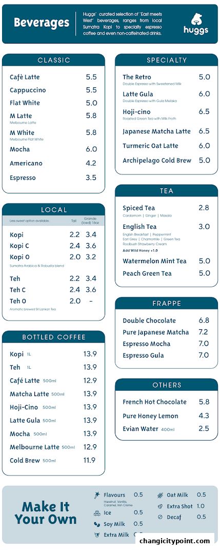 A menu for Huggs Coffee, featuring a wide selection of beverages including classic, specialty, local, tea, frappe, and bottled options.