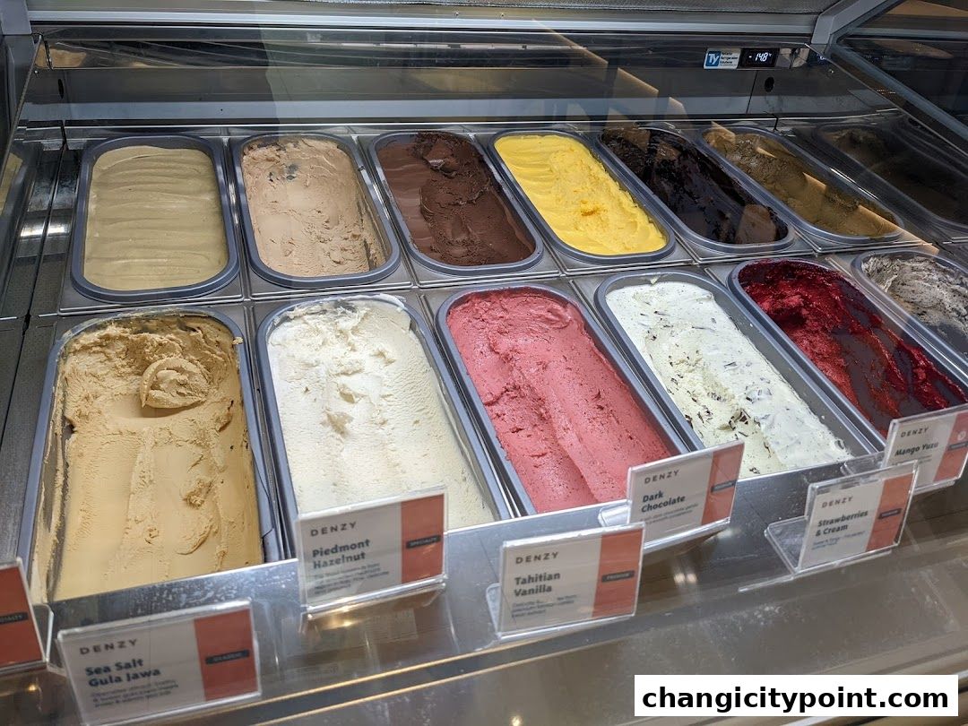 A display of various flavors of ice cream in metal tubs, with labels indicating the flavors.