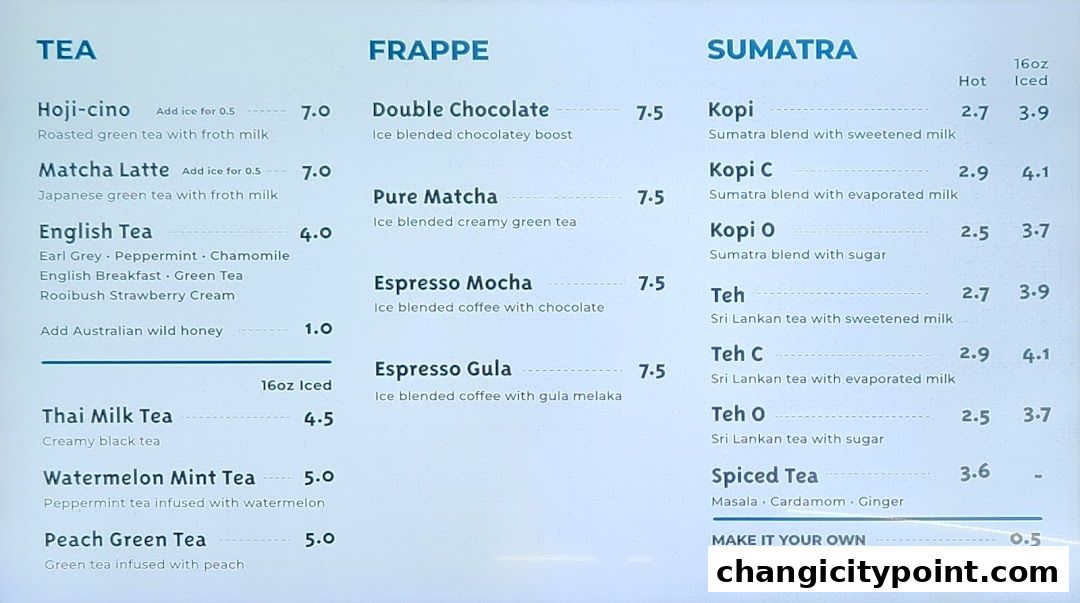 A menu board displaying various tea, frappe, and Sumatra coffee options with prices.