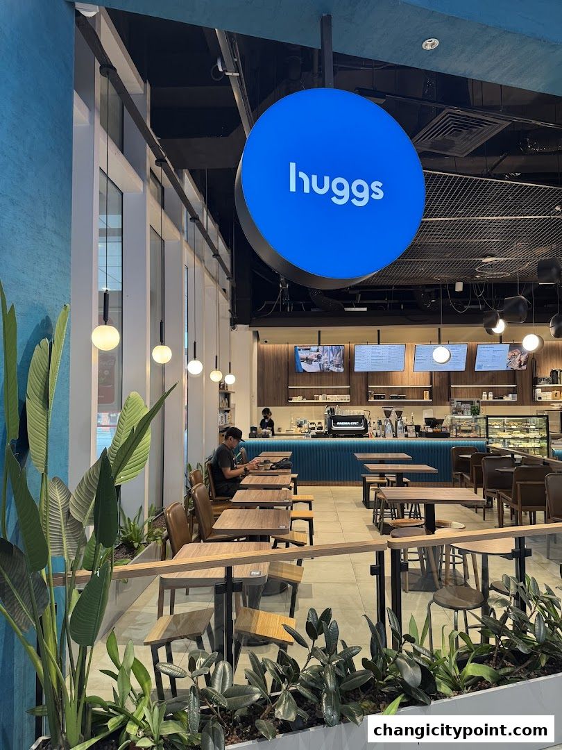 Interior view of Huggs Coffee shop with seating, plants, and a counter.