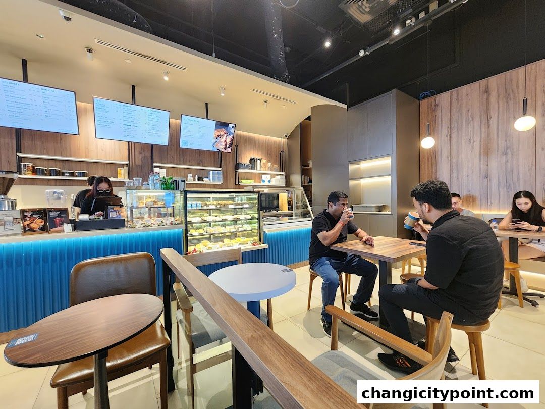 Interior view of Huggs Coffee shop with customers and display of pastries.