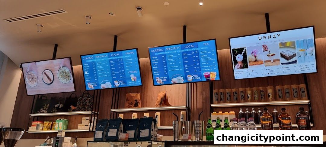 Digital menus display coffee, tea, and dessert options at Huggs Coffee.