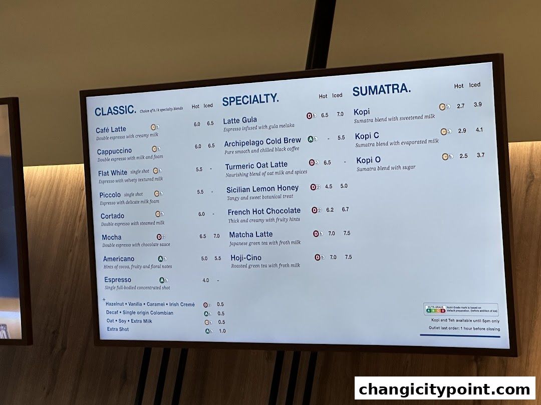 A digital menu board displaying various coffee and specialty drink options with prices.