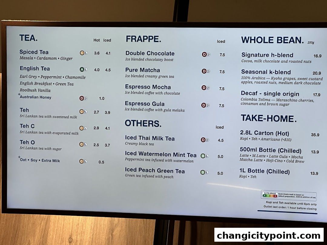 A digital menu board displaying various tea, frappe, whole bean coffee, and take-home beverage options.