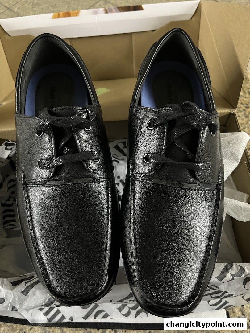 A pair of black leather Hush Puppies shoes in a box.