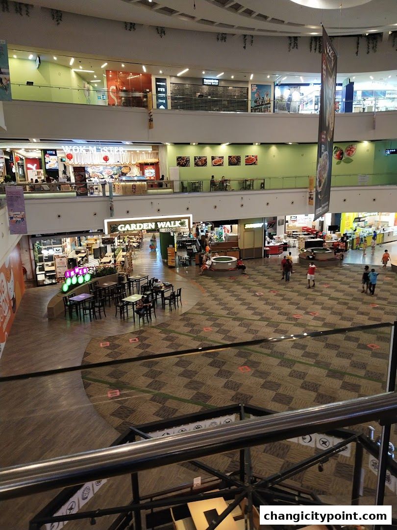 A wide view of a shopping mall interior with multiple levels and shops.