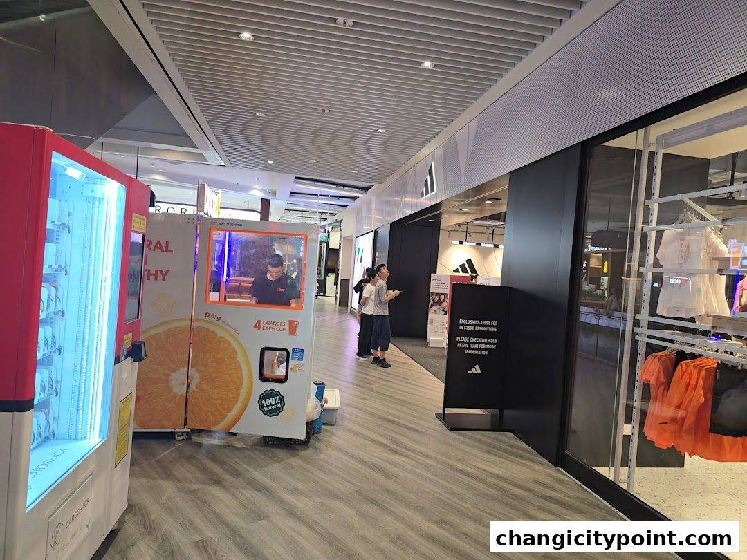 A juice vending machine and an Adidas store in a mall corridor.