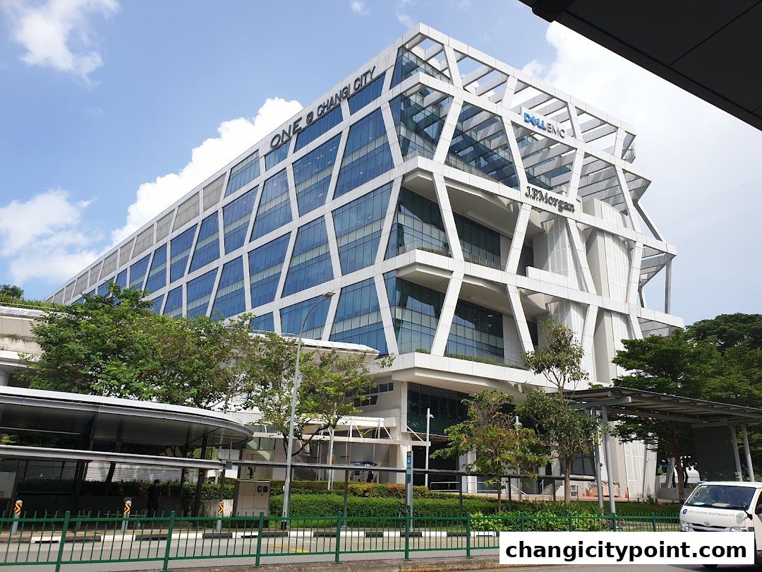 Modern office building with J.P. Morgan and Dell EMC signage.