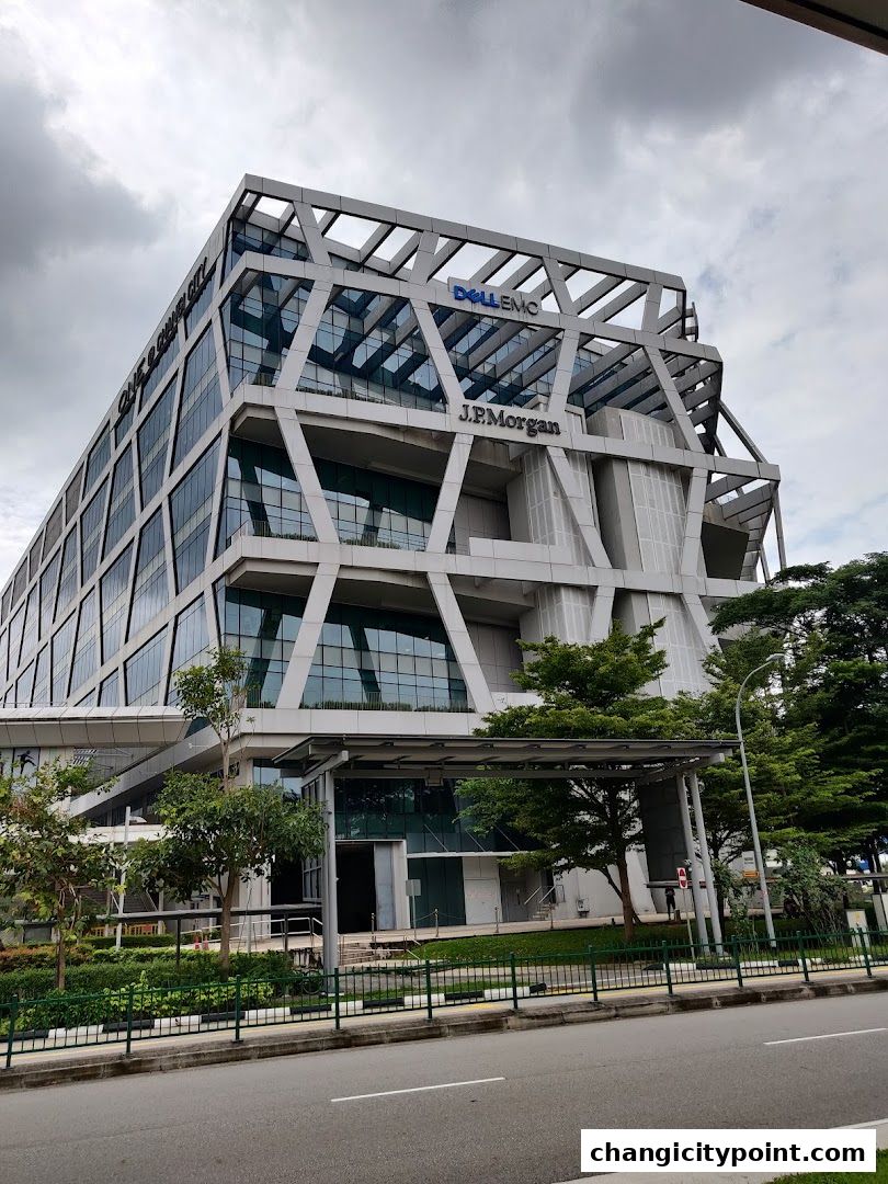 Modern office building with J.P. Morgan and Dell EMC signage.