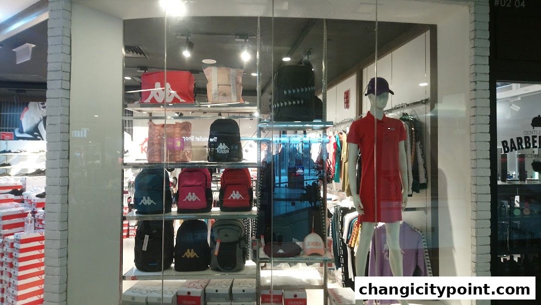 Kappa store window display featuring backpacks, apparel, and a mannequin.