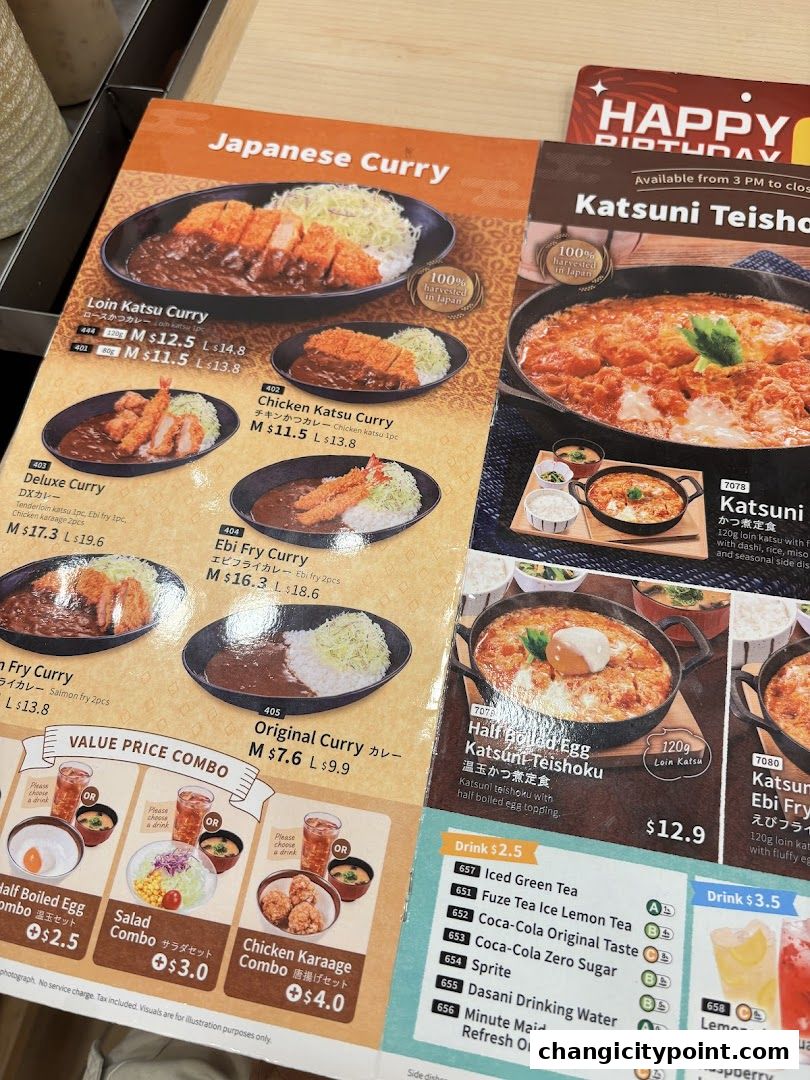 A menu featuring Japanese curry dishes, katsuni teishoku, and value price combos.