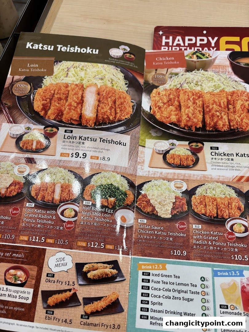 A menu showcasing various Katsu Teishoku dishes with prices and descriptions.