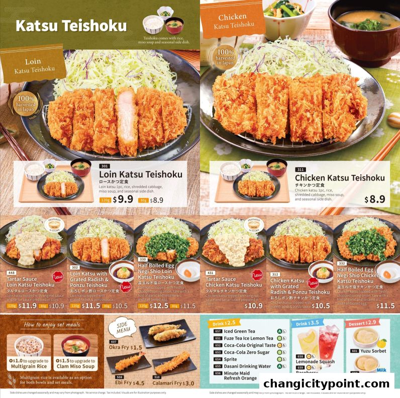 A menu showcasing various Katsu Teishoku dishes with prices and descriptions.