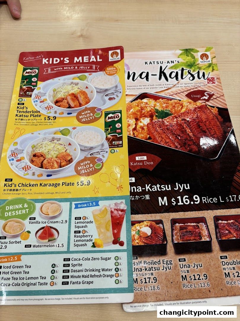 A menu from Katsu-an featuring kid's meals, una-katsu, and various drinks and desserts.