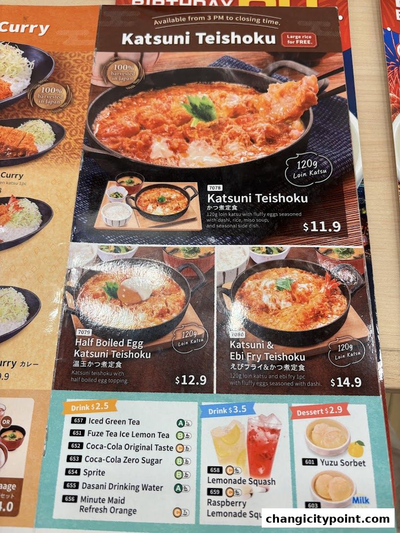 A menu from Katsu-an Changi City Point featuring various katsu teishoku dishes and drinks.