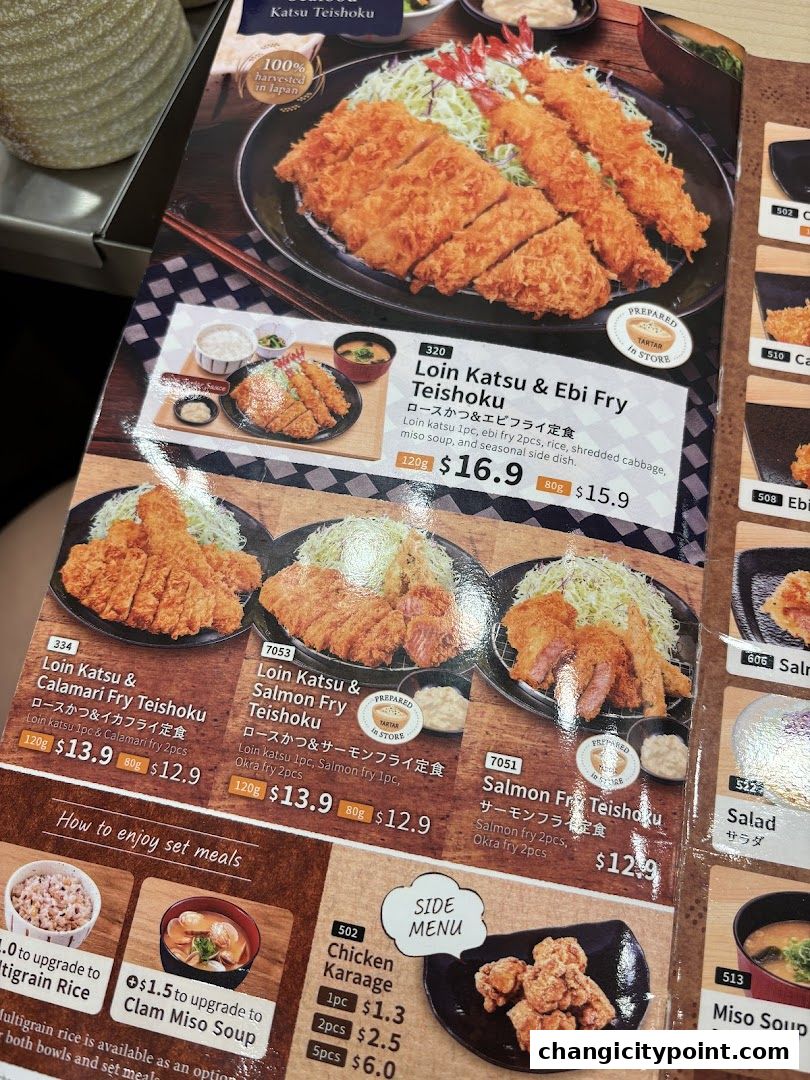 A menu featuring various Japanese set meals, including katsu and fried items.