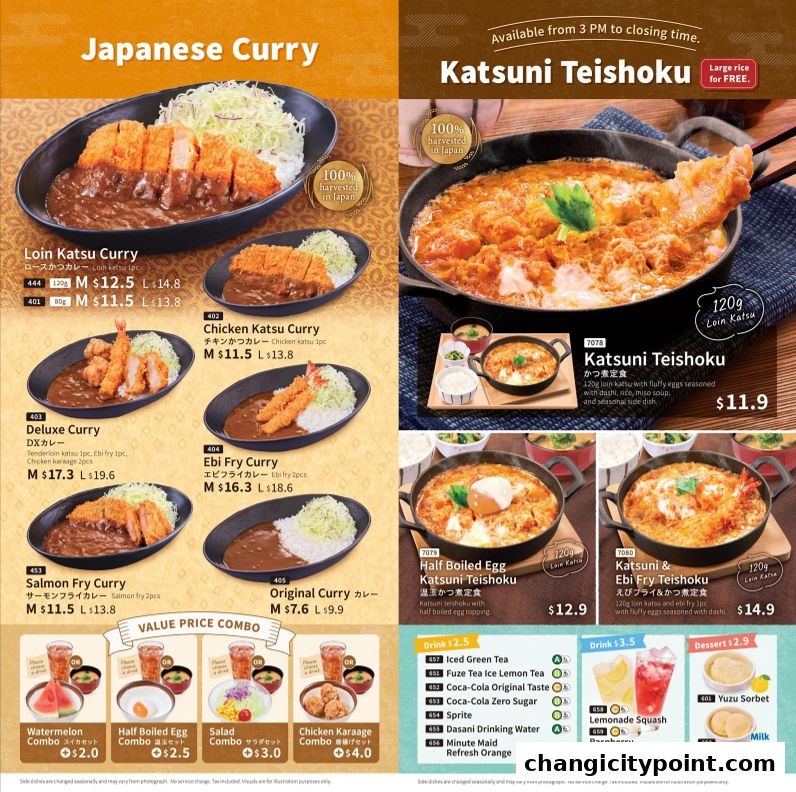 A Japanese curry and teishoku menu featuring various katsu dishes and combos.