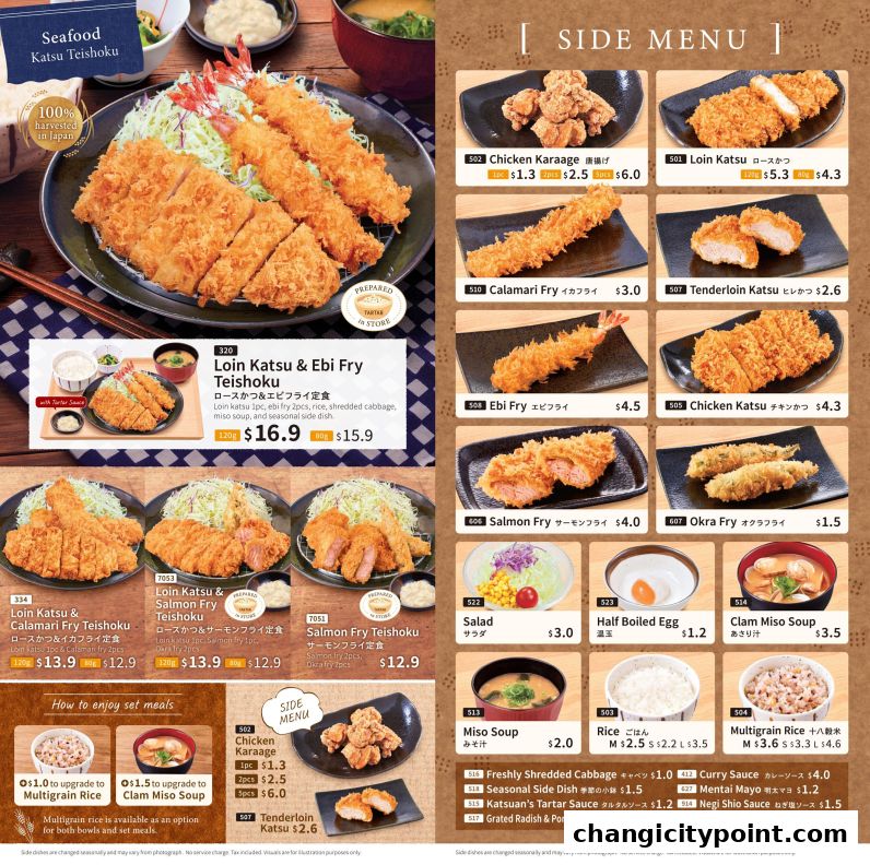 A menu showcasing various Japanese fried dishes like katsu, ebi fry, and salmon fry, with set meals and side options.