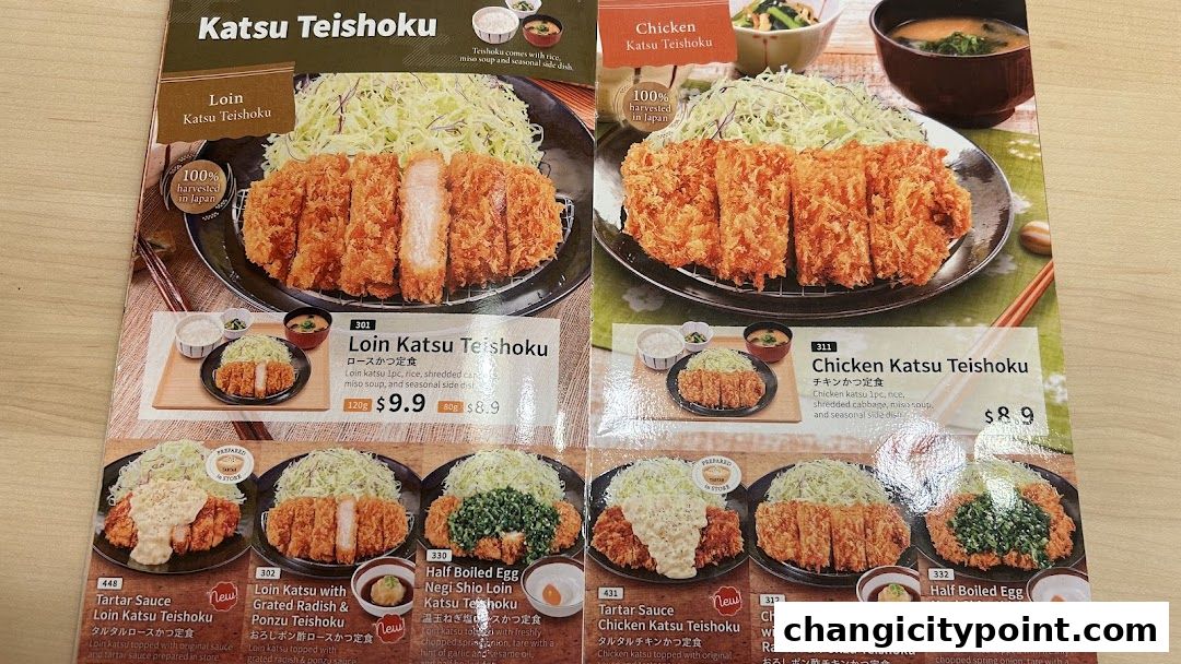 A menu showcasing various Katsu Teishoku dishes with prices and descriptions.