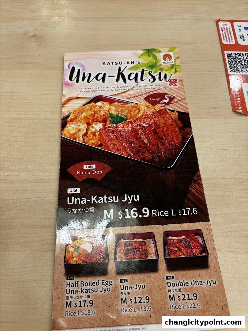 A menu from Katsu-an featuring Una-Katsu Jyu and other rice bowl dishes.