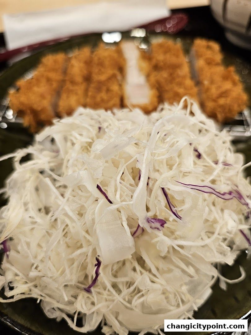 A close-up of a delicious katsu dish with crispy fried pork and shredded cabbage.