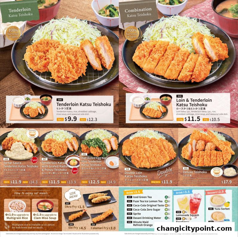A menu showcasing various katsu teishoku sets, side dishes, drinks, and desserts.