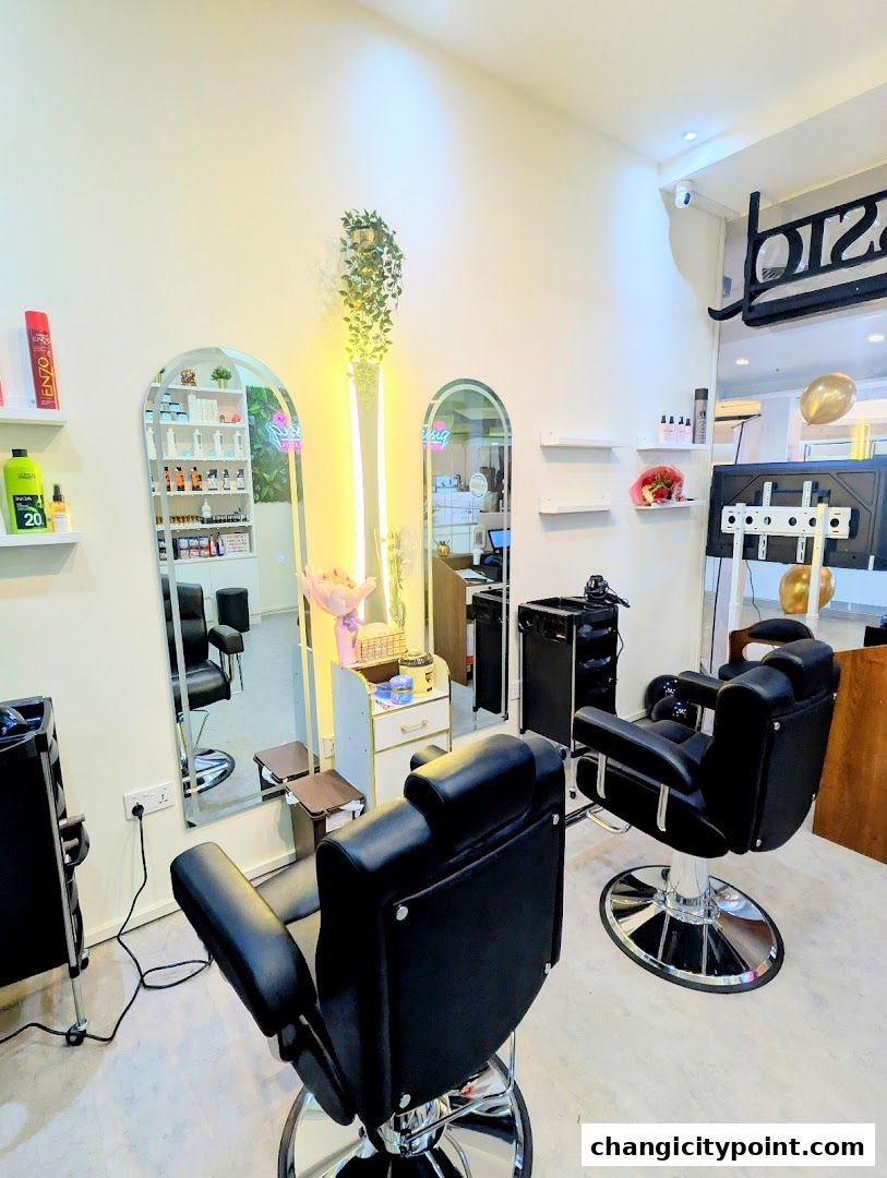 Interior view of a modern salon with styling chairs, mirrors, and shelves stocked with products.