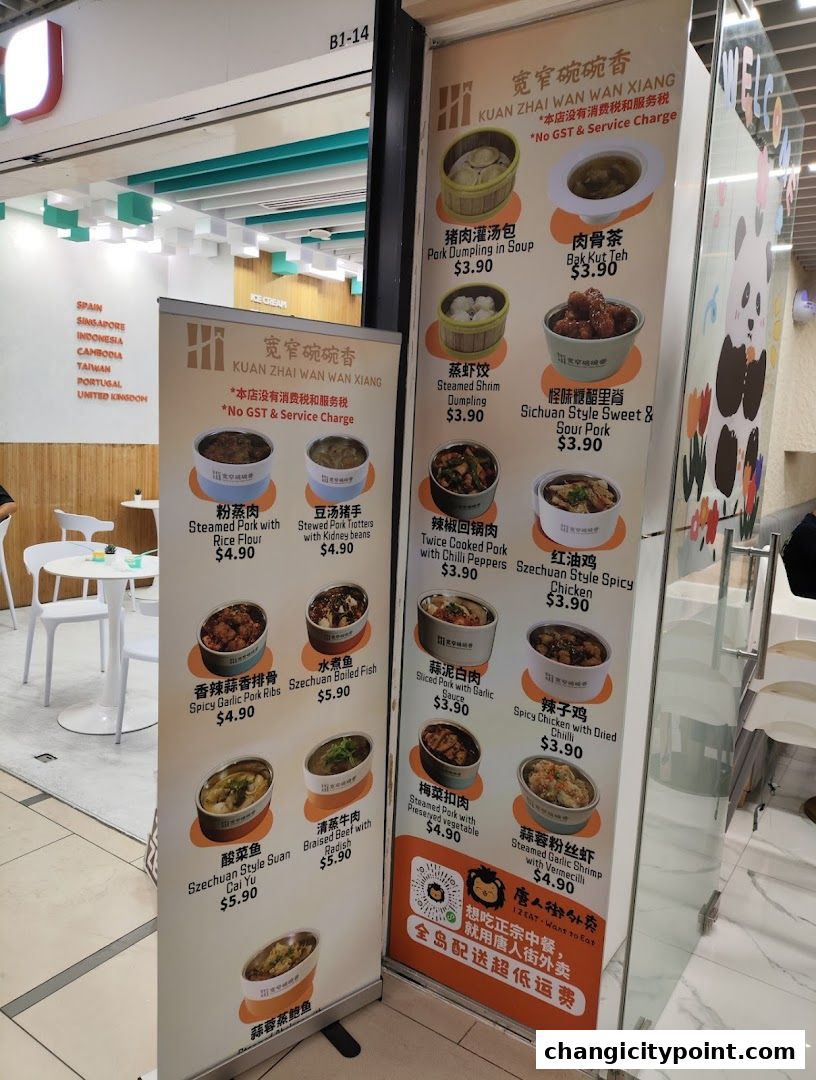 A menu board displays various Chinese dishes with their names and prices.