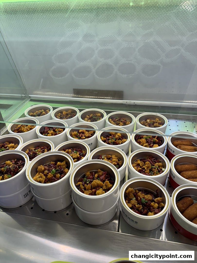 A display of pre-portioned food items in white containers, some with chili and green onions.