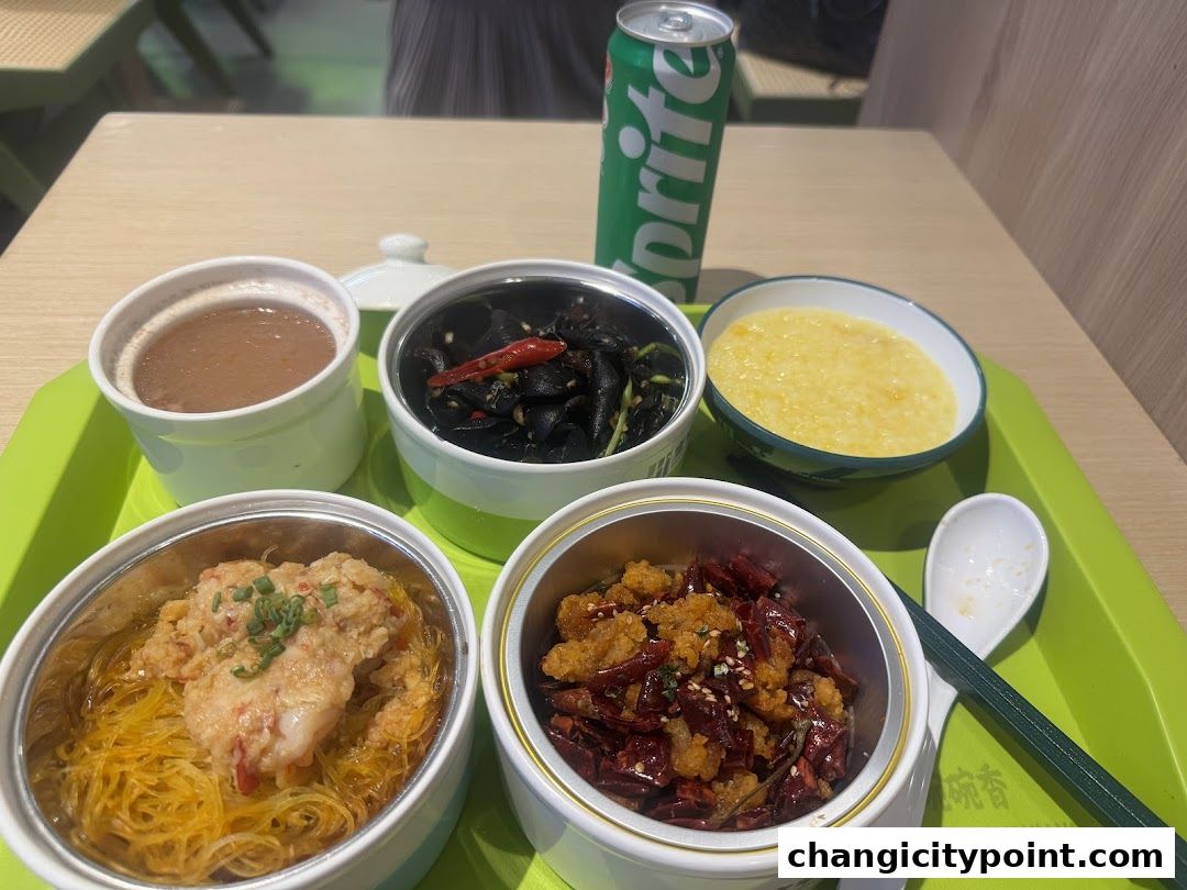 A tray of Chinese food dishes, including soup, noodles, and stir-fried items, with a can of Sprite.