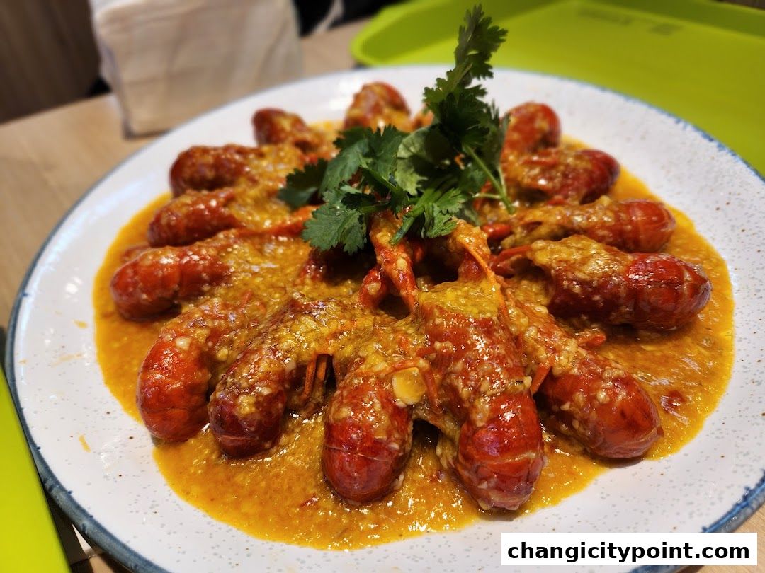 A plate of crawfish in a creamy, savory sauce, garnished with cilantro.
