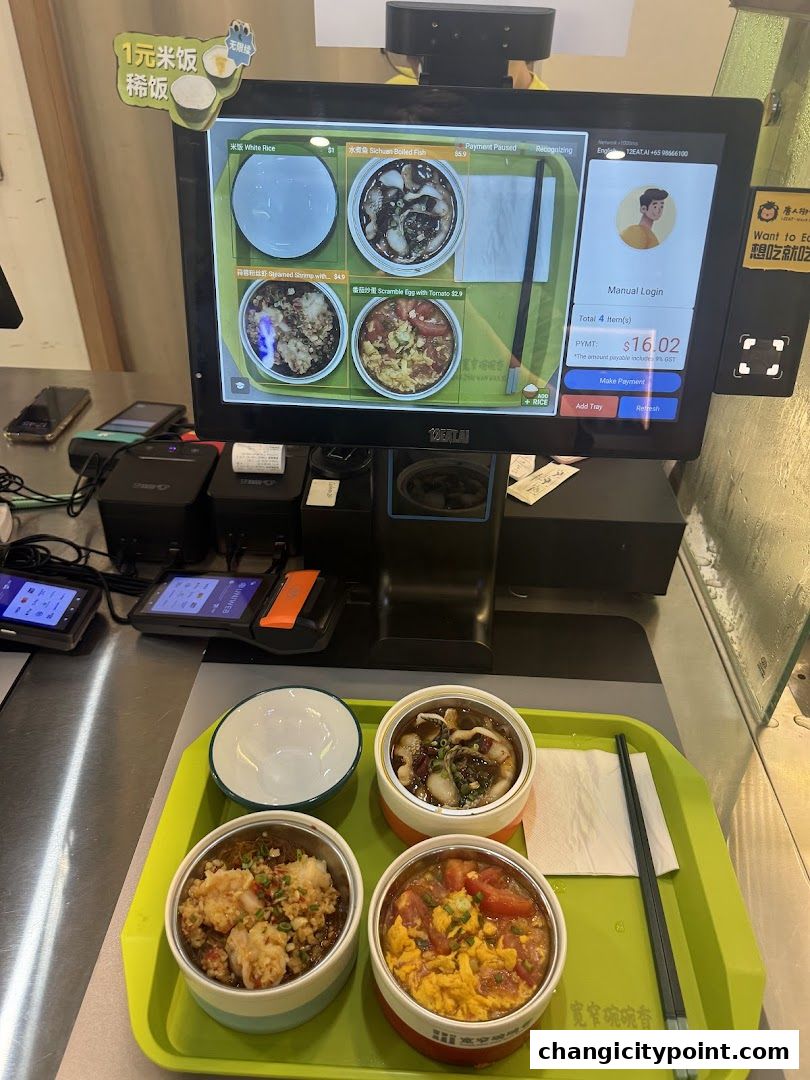 A self-ordering kiosk displays food items and a tray with prepared meals.