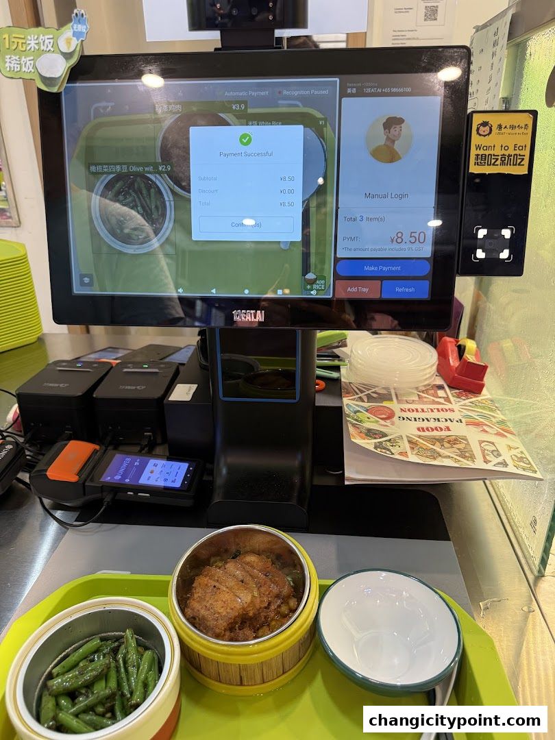A self-checkout screen shows a successful payment for a meal with rice and side dishes.