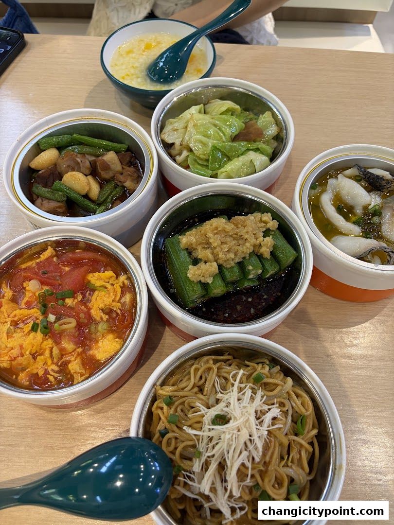 A variety of delicious Chinese dishes served in round containers, including noodles, vegetables, and soup.