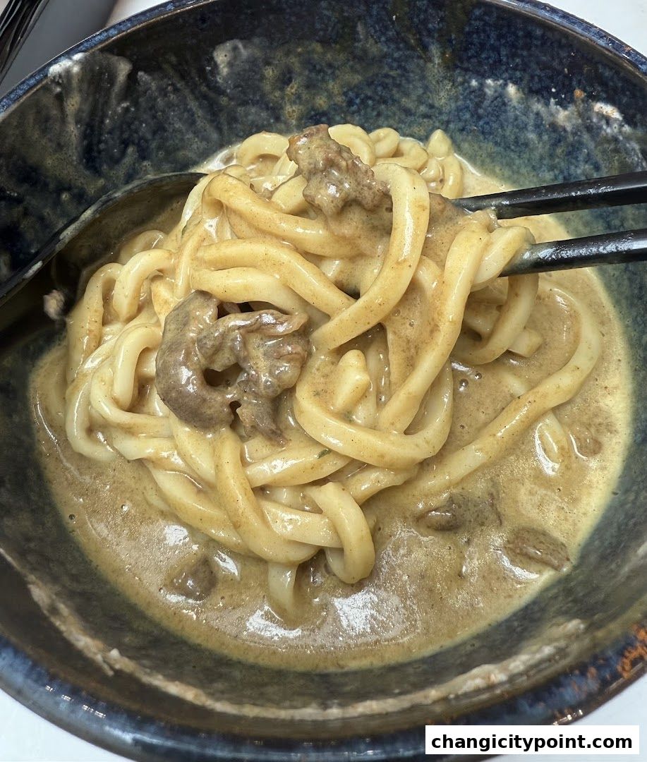 A close-up of thick udon noodles in a creamy curry sauce with pieces of meat.