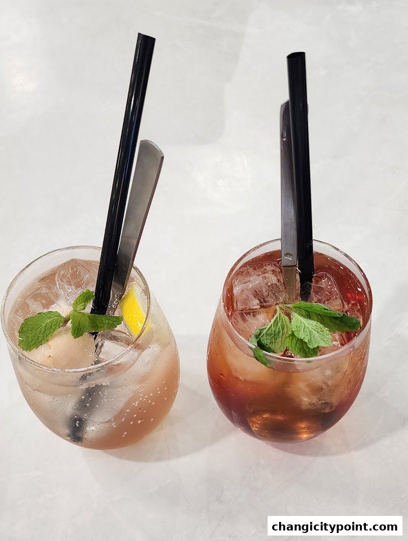 Two refreshing drinks with mint and straws, one with lychee and lemon.
