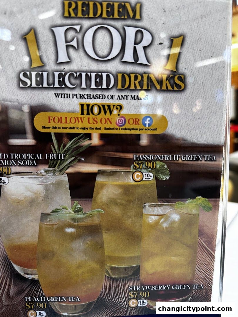 A promotional flyer for '1 for 1 selected drinks' with images of various beverages.