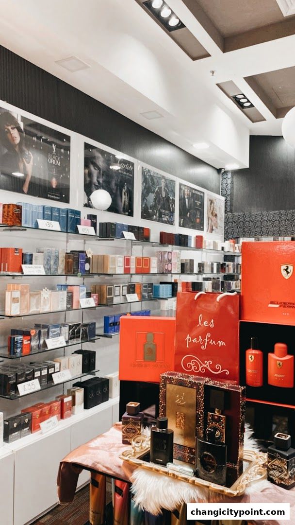 Interior view of a perfume shop showcasing a wide selection of fragrances and gift sets.