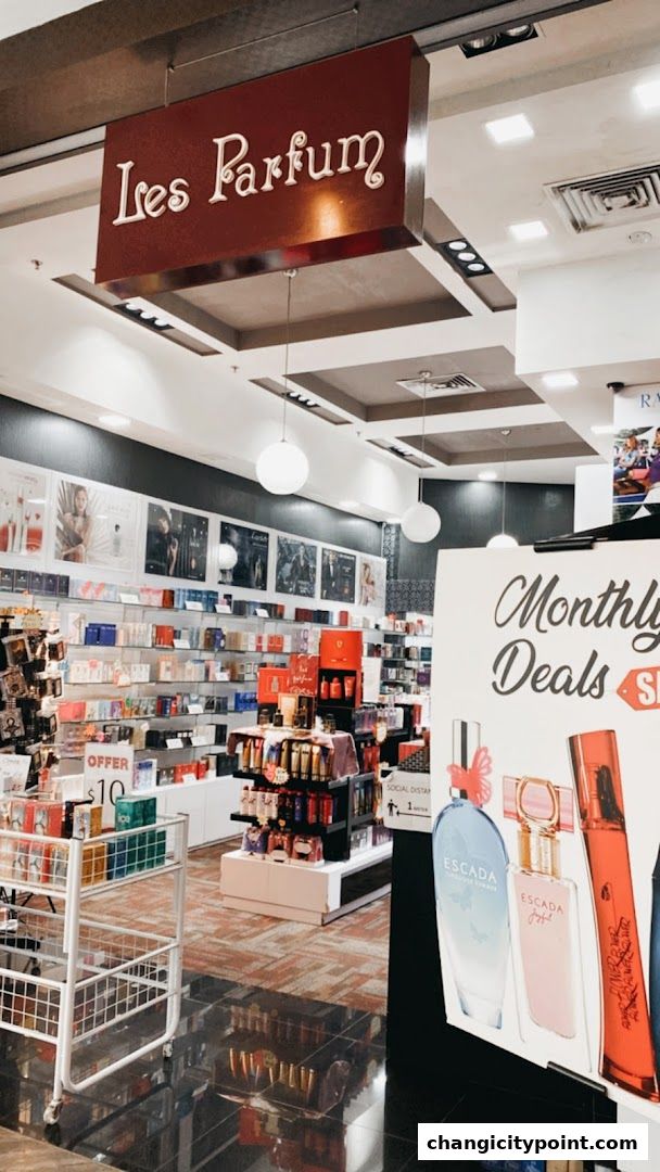 Interior view of a perfume shop with shelves stocked with fragrances and promotional displays.