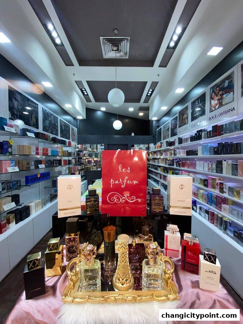 Interior view of a perfume shop showcasing a variety of fragrances and branded displays.