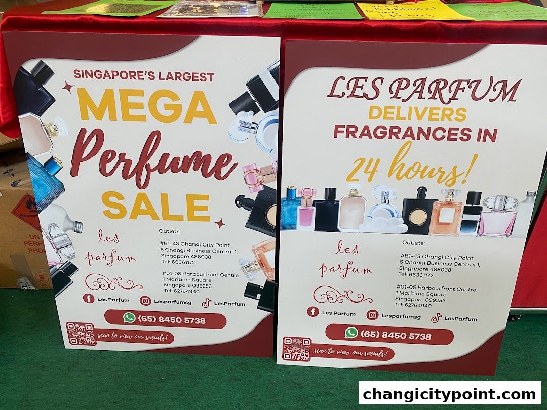 Two posters advertising Les Parfum's mega perfume sale and 24-hour delivery service.