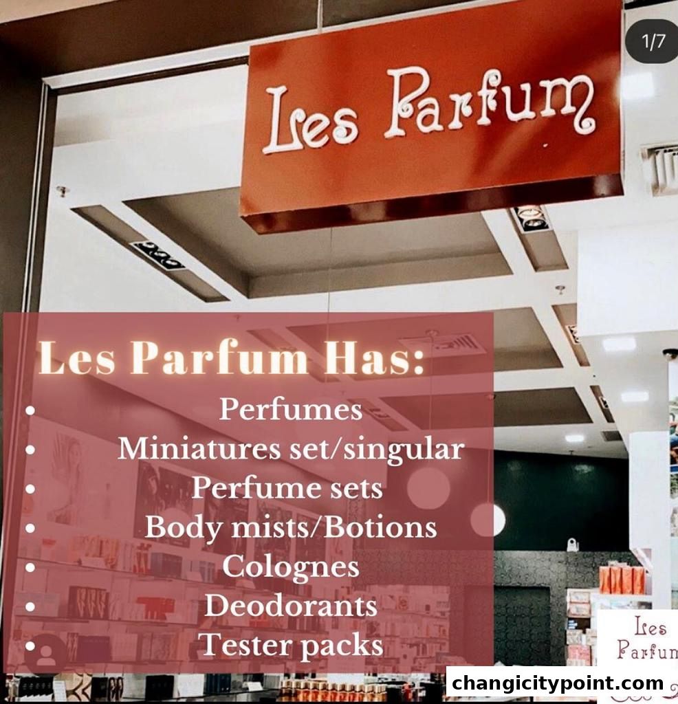 A sign for 'Les Parfum' with a list of fragrance products offered.