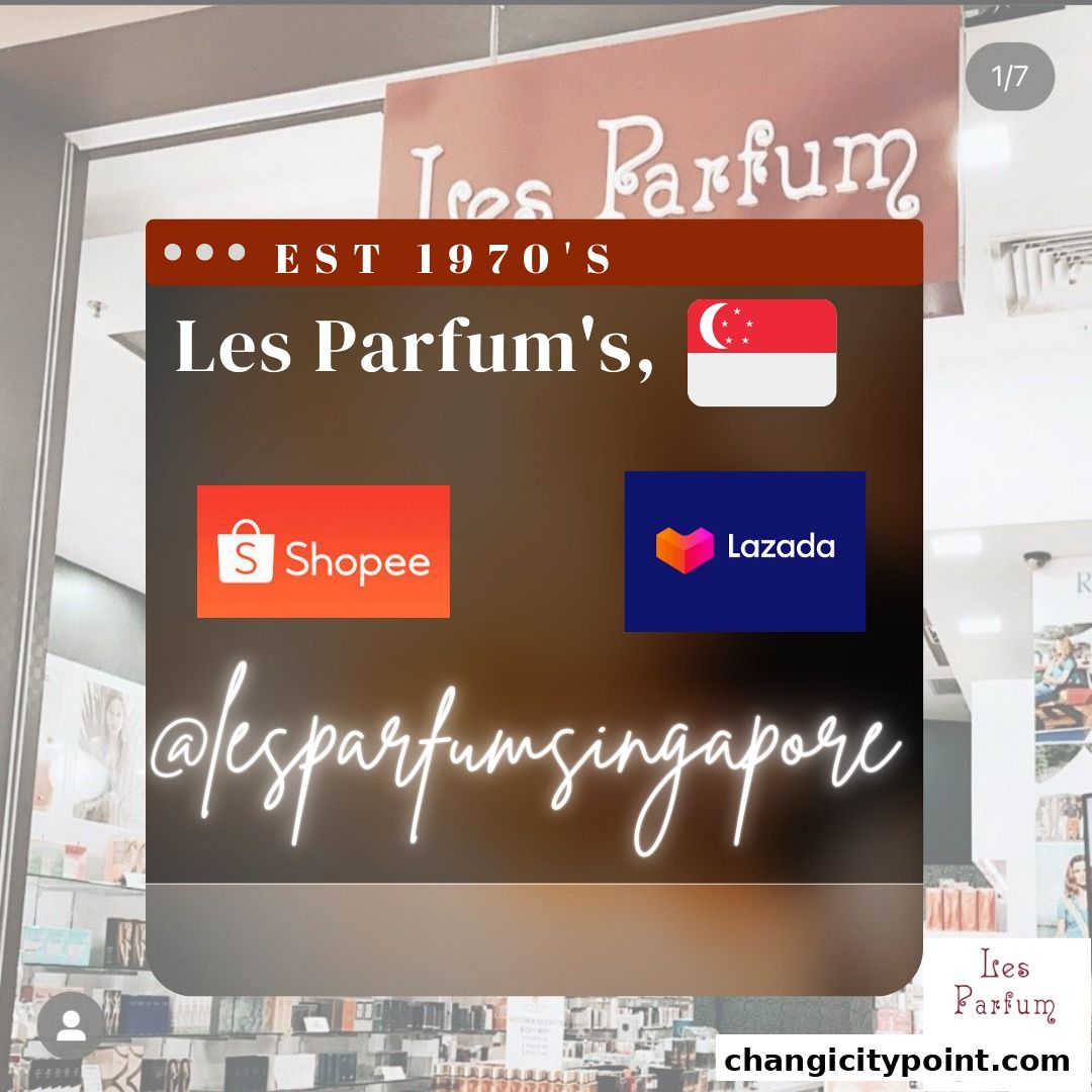 Les Parfum's shop front with Shopee and Lazada logos and social media handle.