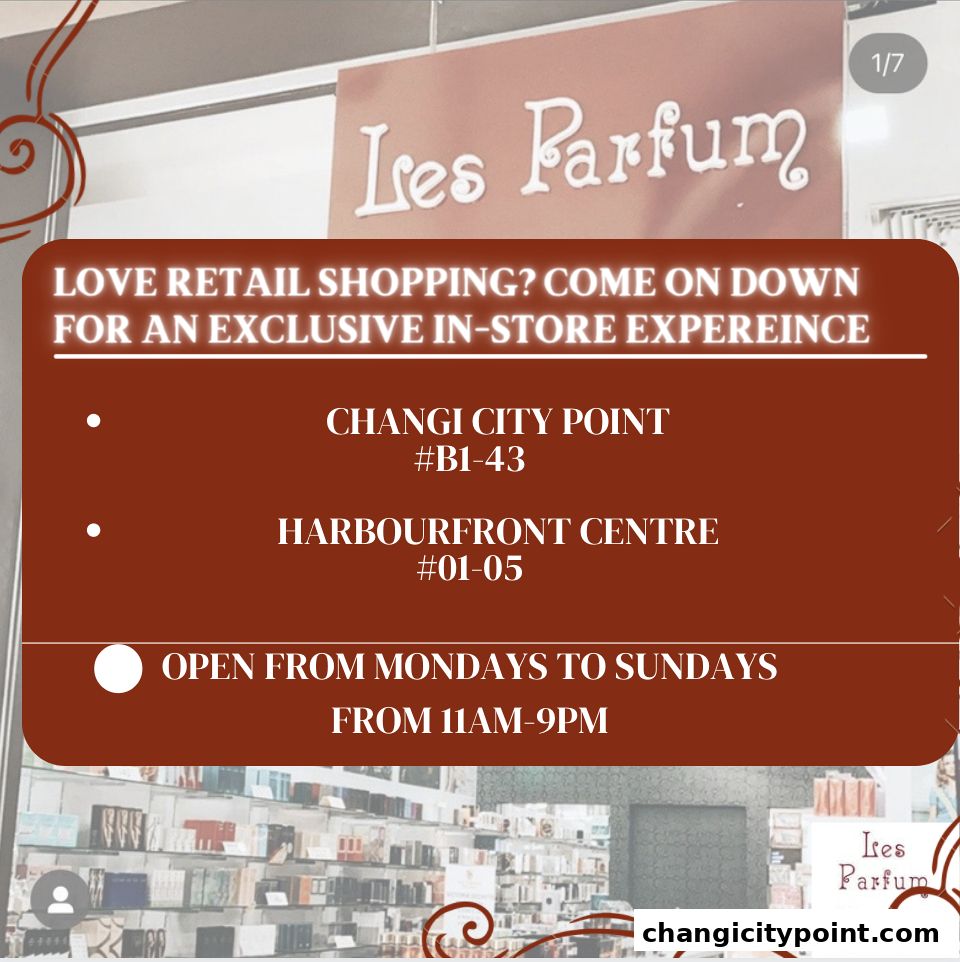Les Parfum shop front with store locations and operating hours.