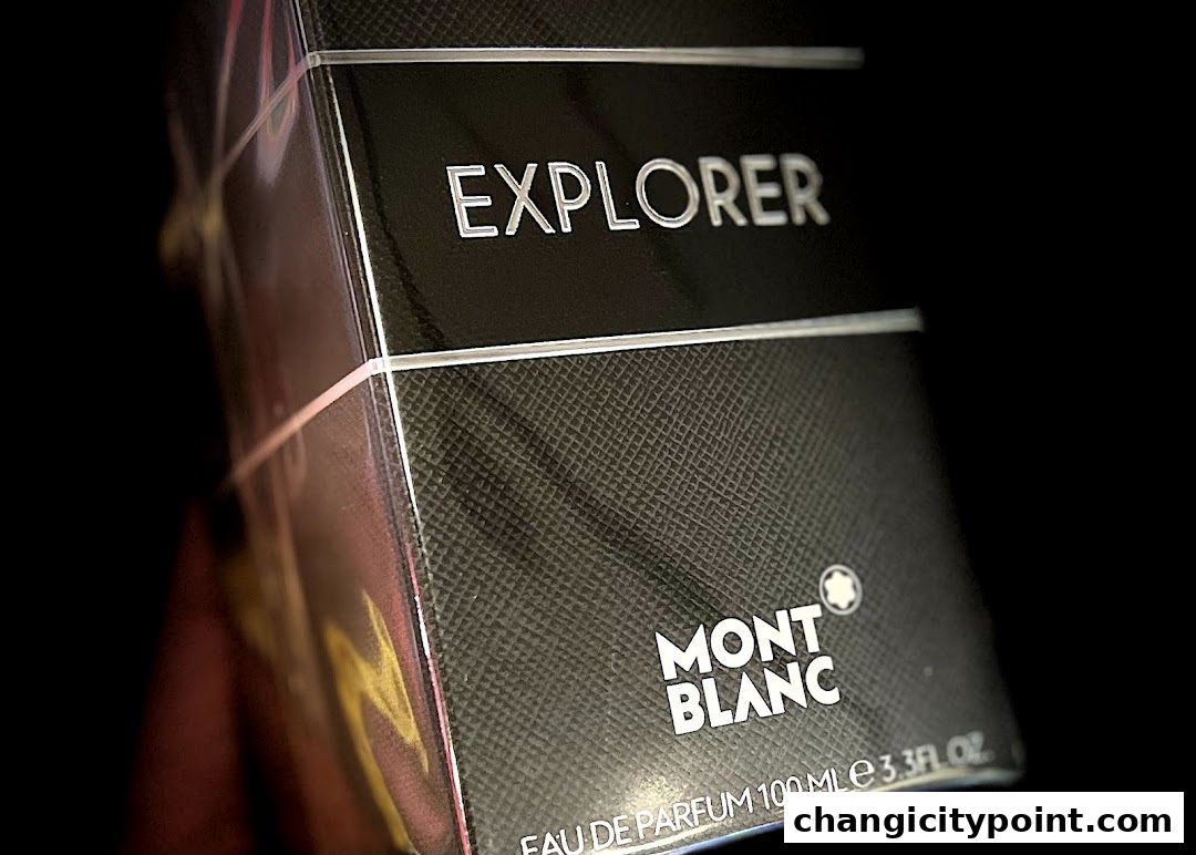 A close-up shot of a Mont Blanc Explorer Eau de Parfum box.