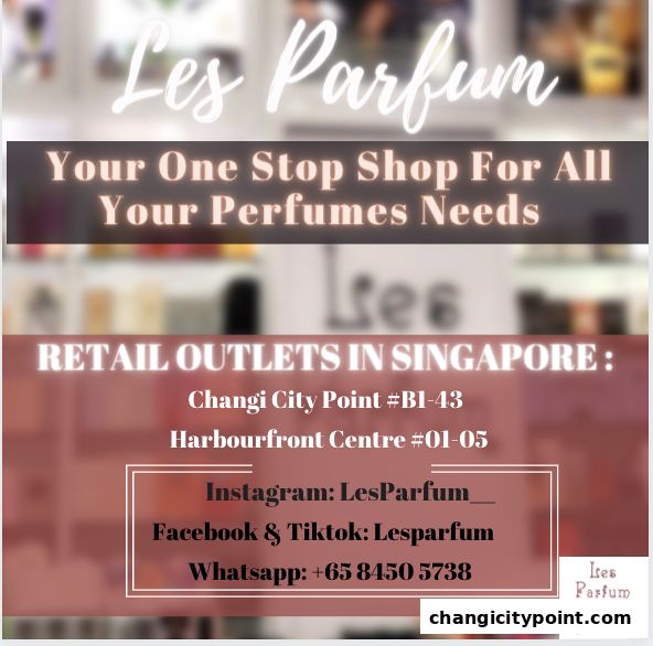 A promotional image for Les Parfum, a perfume shop, listing its outlets and contact information.