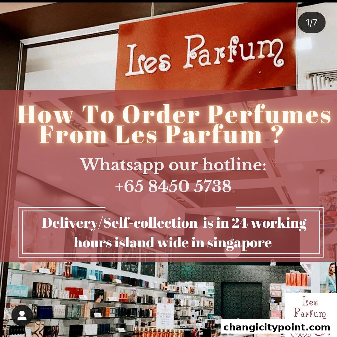 A sign for 'Les Parfum' with ordering instructions and a view of perfume shelves.