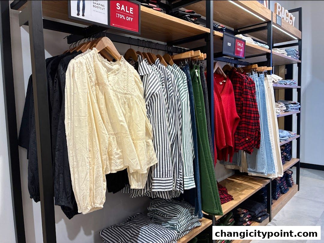 A display of clothing at Levi's Outlet, featuring shirts, sweaters, and jeans on racks and shelves.